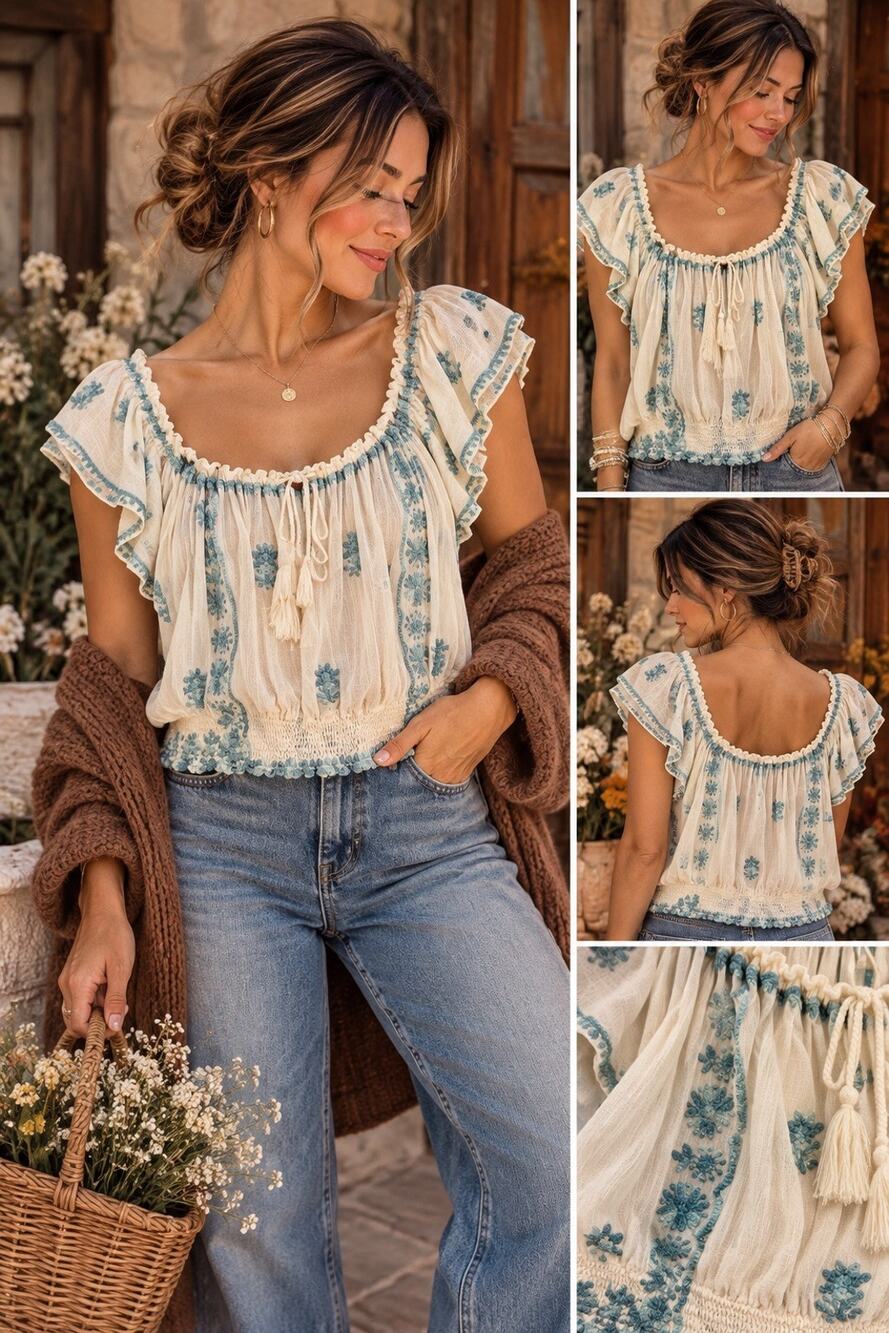 Free People Ivory Blue Embroidered Peasant Top Smocked Scoop Neck Tassel XS